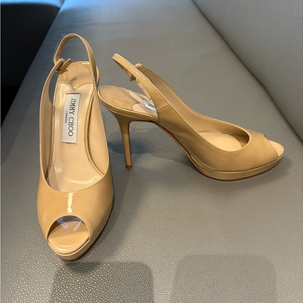 Jimmy Choo Tan Peep-Toe Slingback Heels